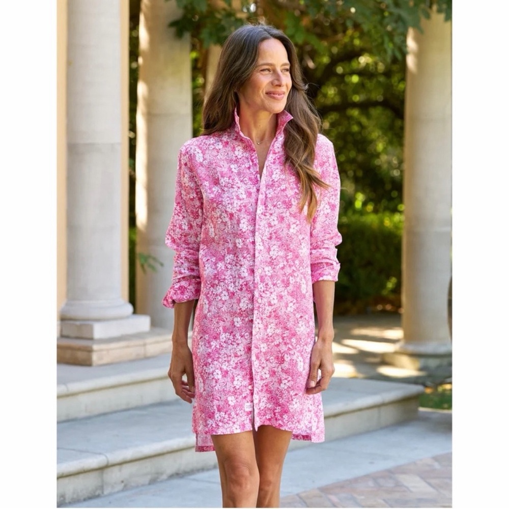 FRANK & EILEEN Hunter Italian Linen Pink Floral Step Hem Shirt Dress Size XS